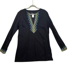 Jantzen Swimsuit Tunic Coverup Women Large Black V-Neck Blue Green Embroidery
